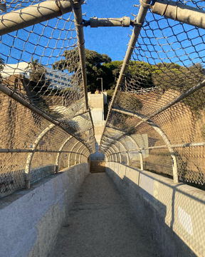 A caged footbridge receding toward dry hills